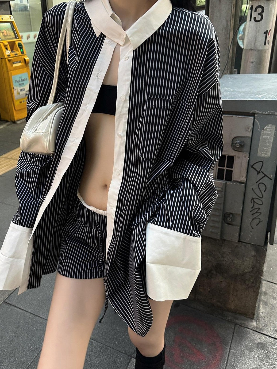 Fanptntox Contrast Stripe Long Sleeve Women's Slim Shorts Casual Top & Shorts Sets