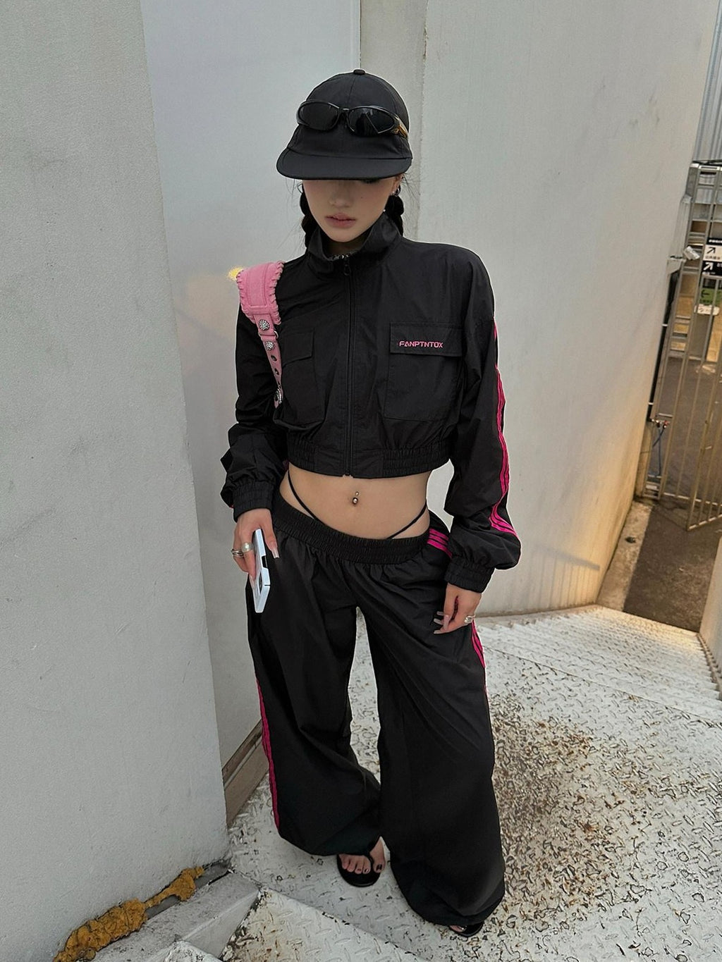 Fanptntox Contrast Webbing Patch Cargo Jacket Women's Long Pants Casual Top & Pants Sets