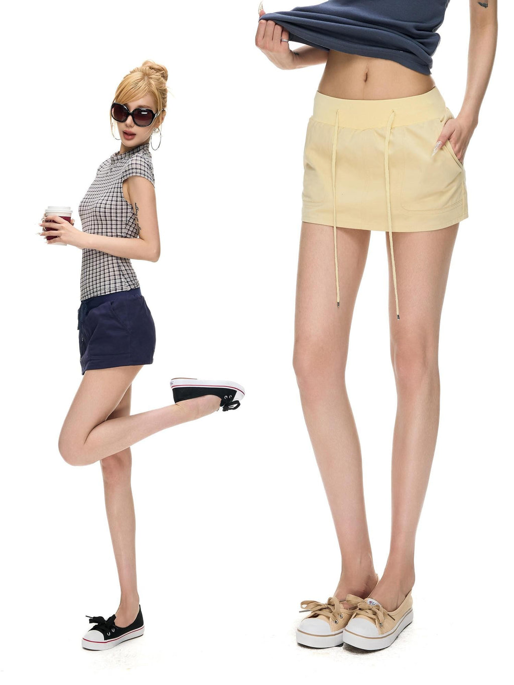 Fanptntox Cream Tie Low Waist Slim Fit Elastic Waist Lined Women's Cotton Skorts