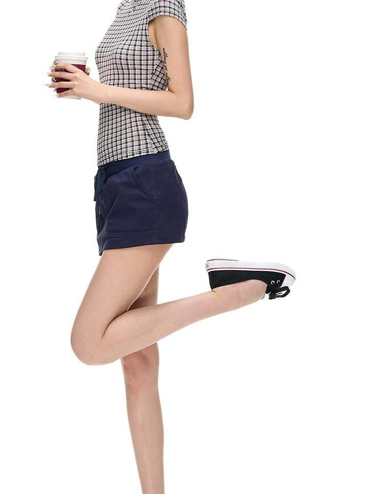 Fanptntox Cream Tie Low Waist Slim Fit Elastic Waist Lined Women's Cotton Skorts