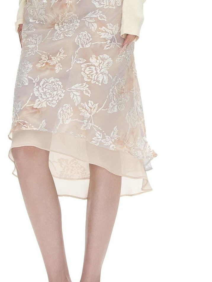 Fanptntox Cream Tulle Splice Jacquard Print Women's Viscose Polyester Blend Midi Skirts