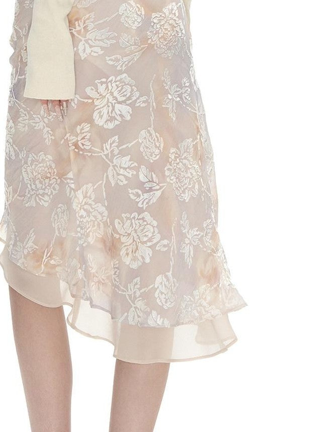 Fanptntox Cream Tulle Splice Jacquard Print Women's Viscose Polyester Blend Midi Skirts