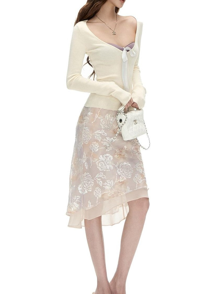 Fanptntox Cream Tulle Splice Jacquard Print Women's Viscose Polyester Blend Midi Skirts