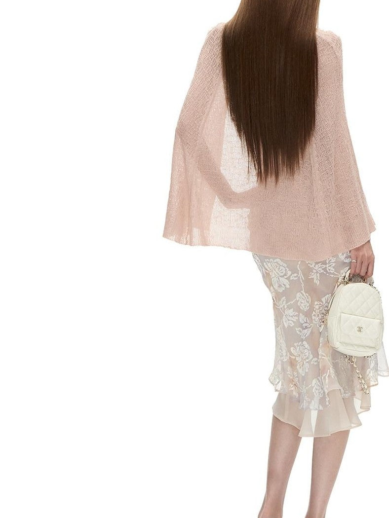 Fanptntox Cream Tulle Splice Jacquard Print Women's Viscose Polyester Blend Midi Skirts