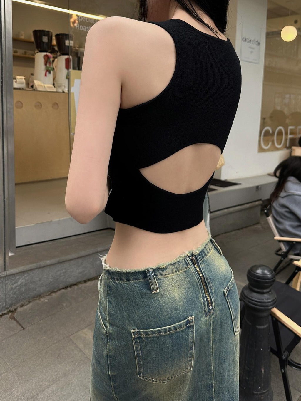 Fanptntox Cropped Racerback Open Back Slim Fit Women's Solid Color Tank Tops
