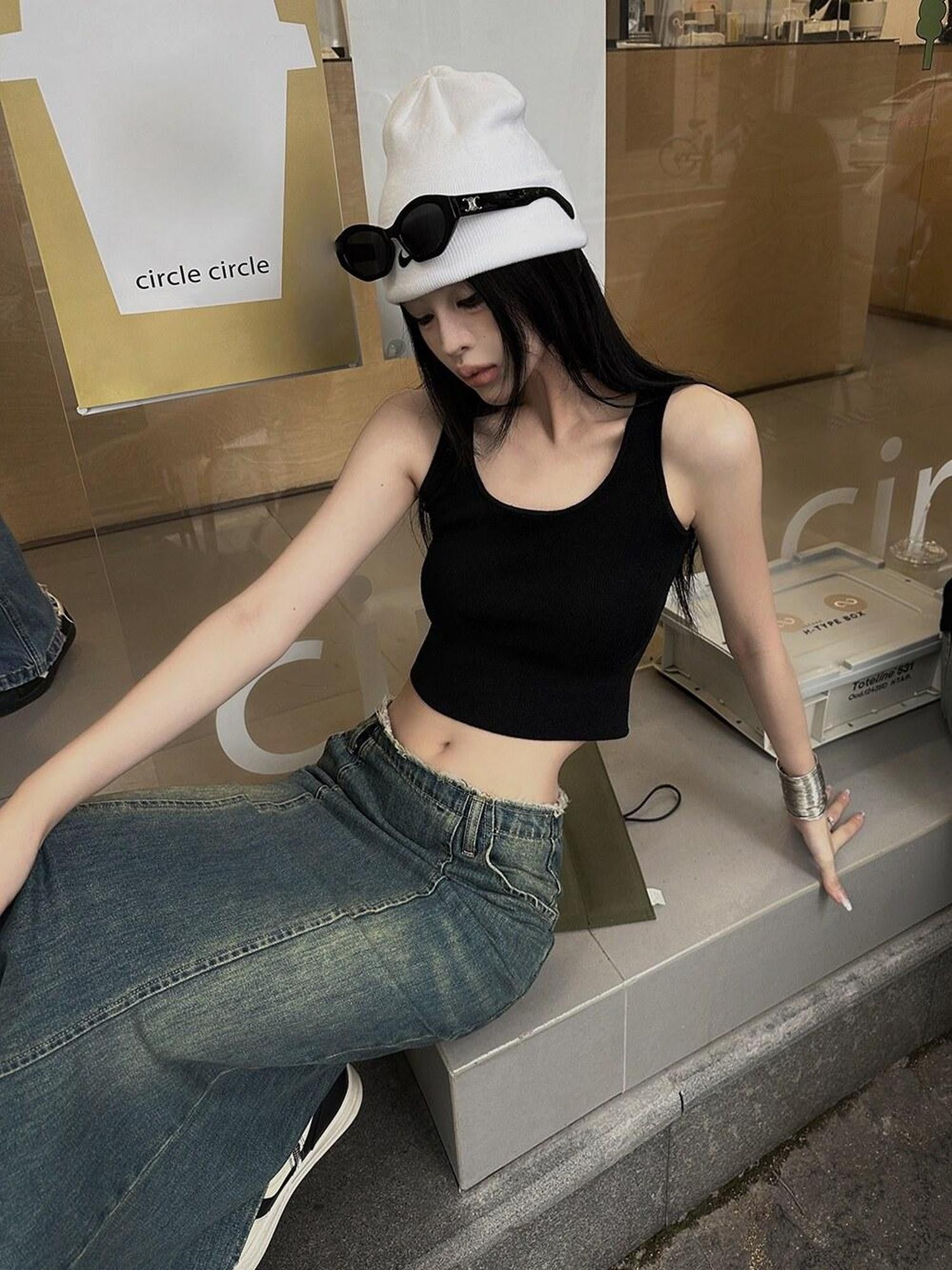 Fanptntox Cropped Racerback Open Back Slim Fit Women's Solid Color Tank Tops