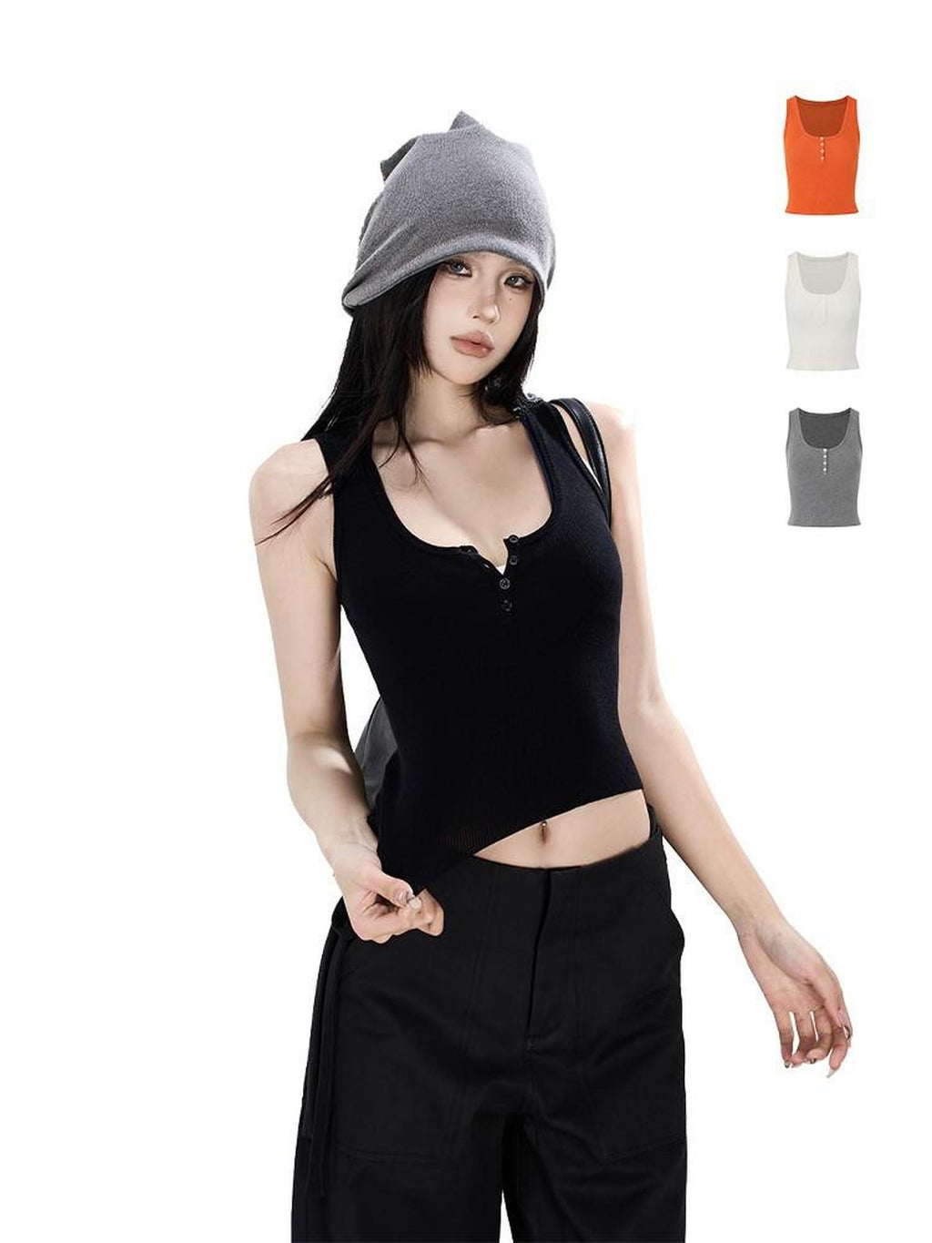 Fanptntox Cropped Spliced Button Waist Slim Fit Women's Tencel Wool Tank Tops