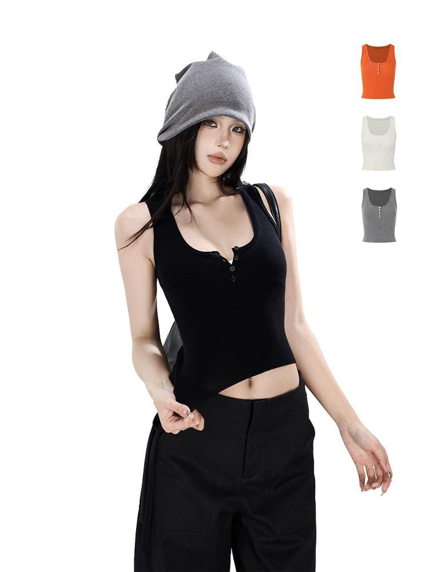 Fanptntox Cropped Spliced Button Waist Slim Fit Women's Tencel Wool Tank Tops