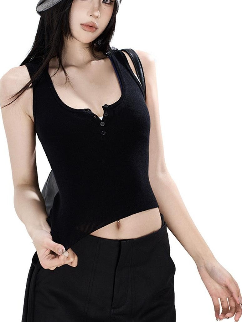 Fanptntox Cropped Spliced Button Waist Slim Fit Women's Tencel Wool Tank Tops