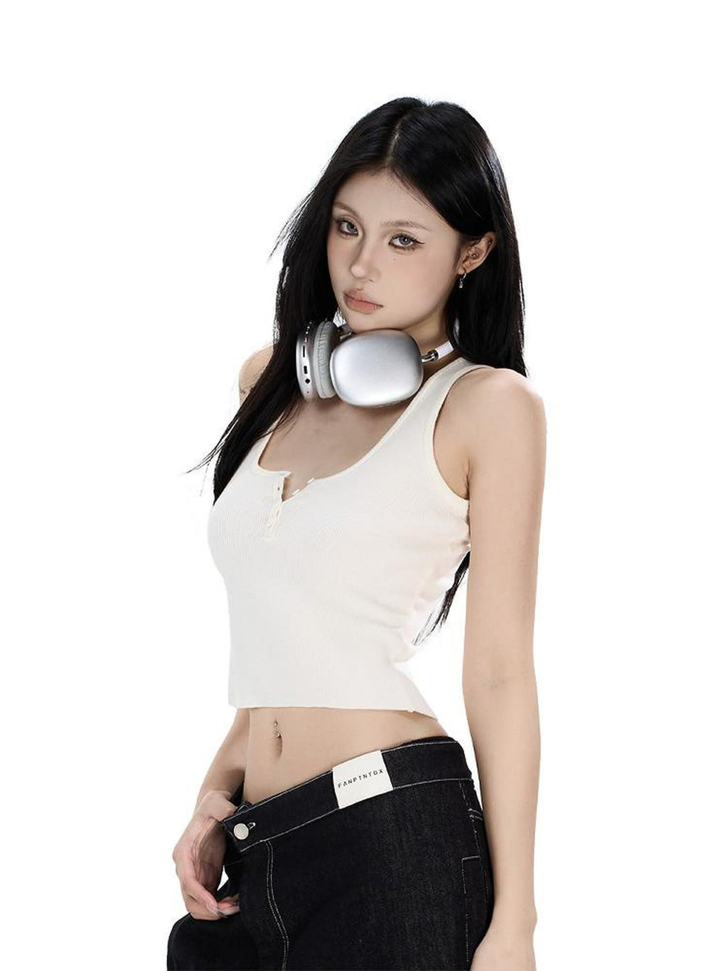 Fanptntox Cropped Spliced Button Waist Slim Fit Women's Tencel Wool Tank Tops