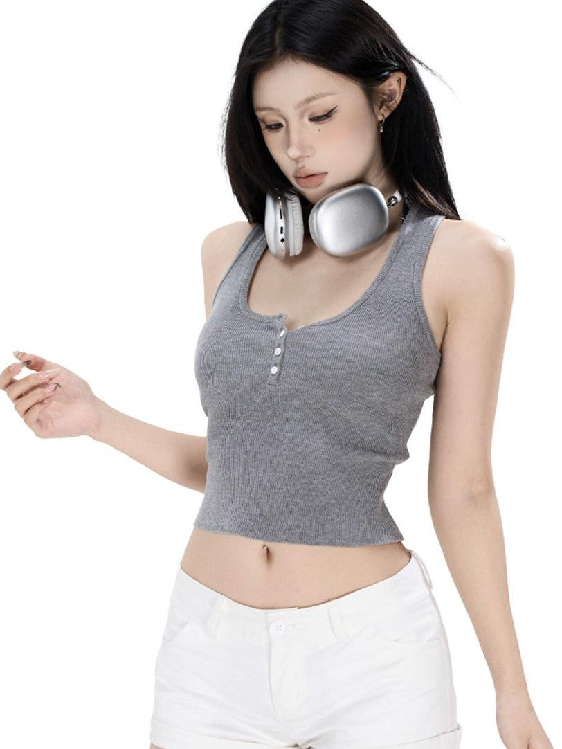 Fanptntox Cropped Spliced Button Waist Slim Fit Women's Tencel Wool Tank Tops