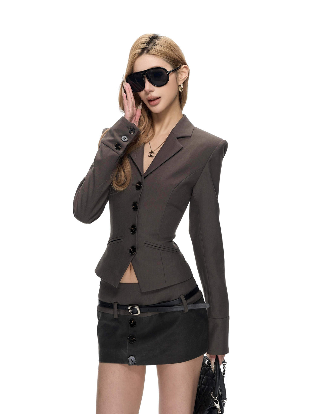 Fanptntox_Cropped_Tie_Waist_Notch_Lapel_Leather_Panel_Women's_Poly_Matching_Skirt_Sets_1012678389396_MISSTT