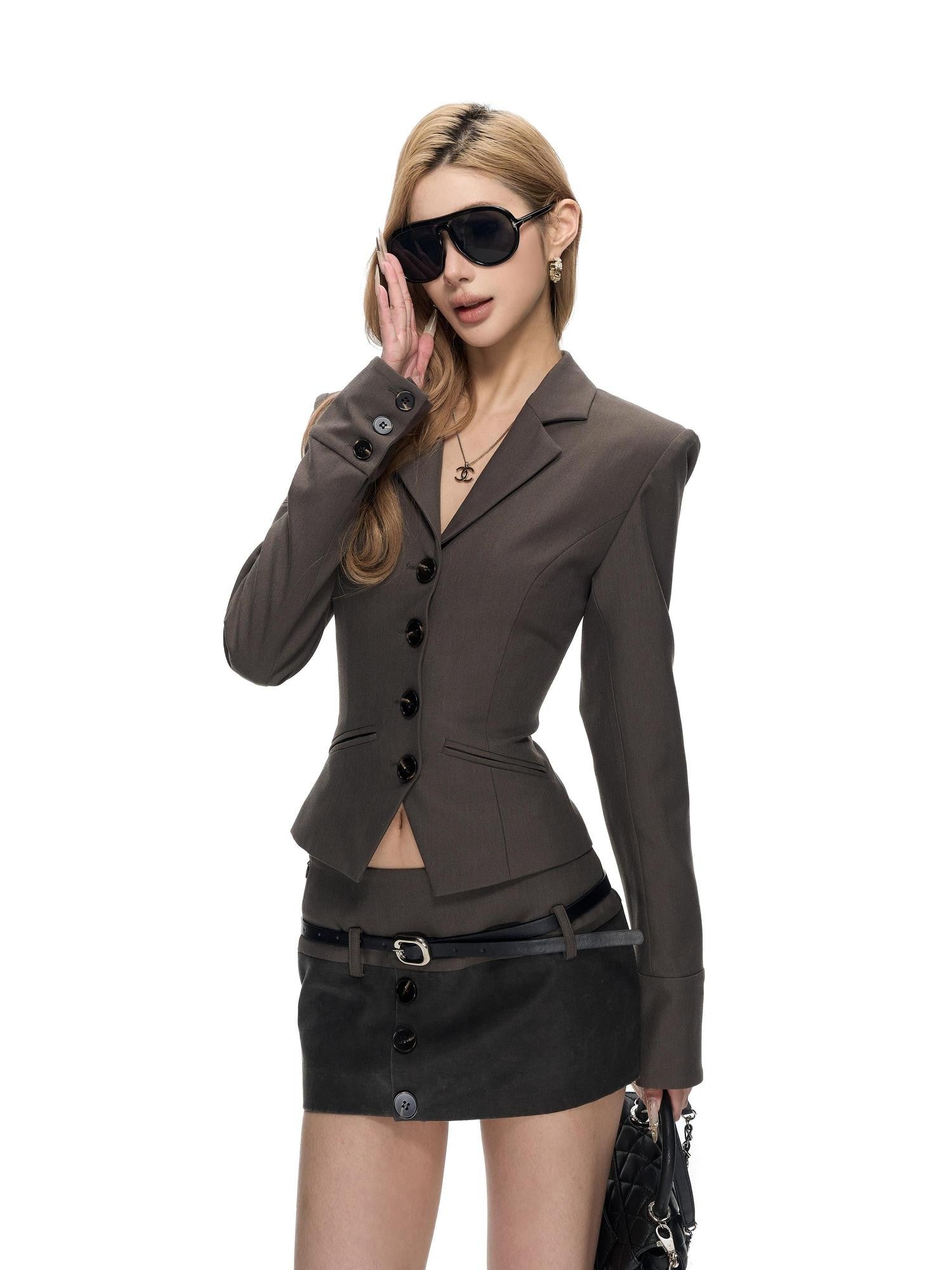 Fanptntox Cropped Tie Waist Notch Lapel Leather Panel Women's Poly Matching Skirt Sets