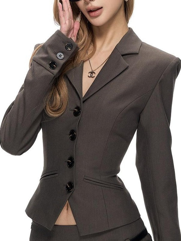 Fanptntox Cropped Tie Waist Notch Lapel Leather Panel Women's Poly Matching Skirt Sets