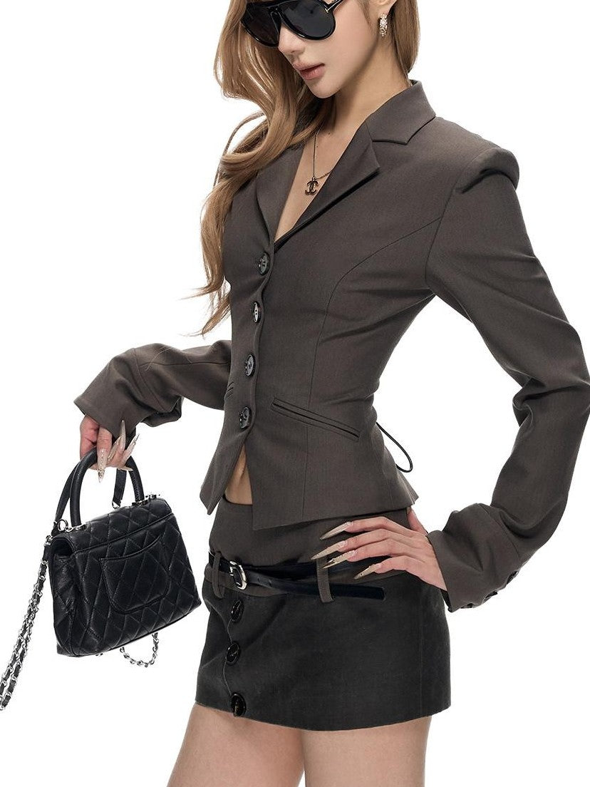 Fanptntox Cropped Tie Waist Notch Lapel Leather Panel Women's Poly Matching Skirt Sets