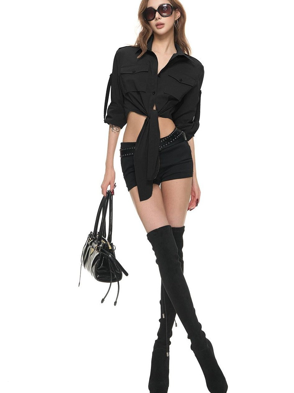 Fanptntox Cropped Waist Cinching Collared Women's Cotton Nylon Blend Tie-front Shirts