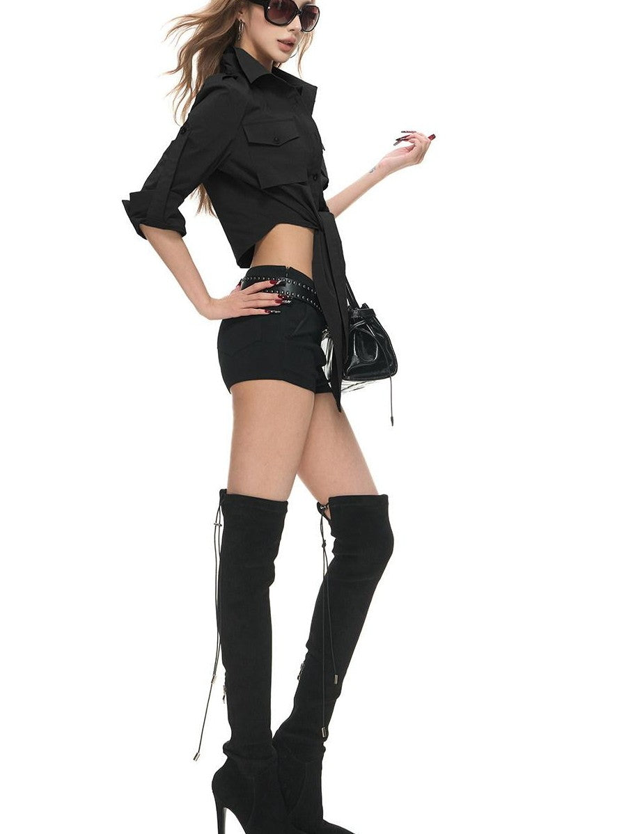 Fanptntox Cropped Waist Cinching Collared Women's Cotton Nylon Blend Tie-front Shirts