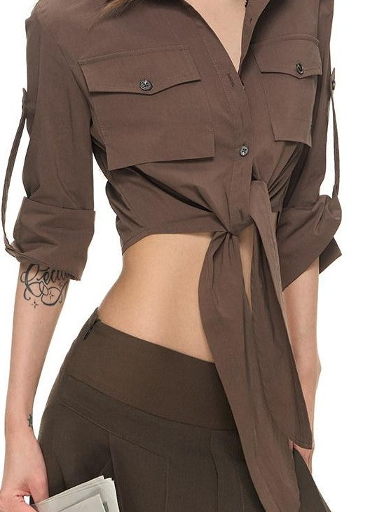 Fanptntox Cropped Waist Cinching Collared Women's Cotton Nylon Blend Tie-front Shirts
