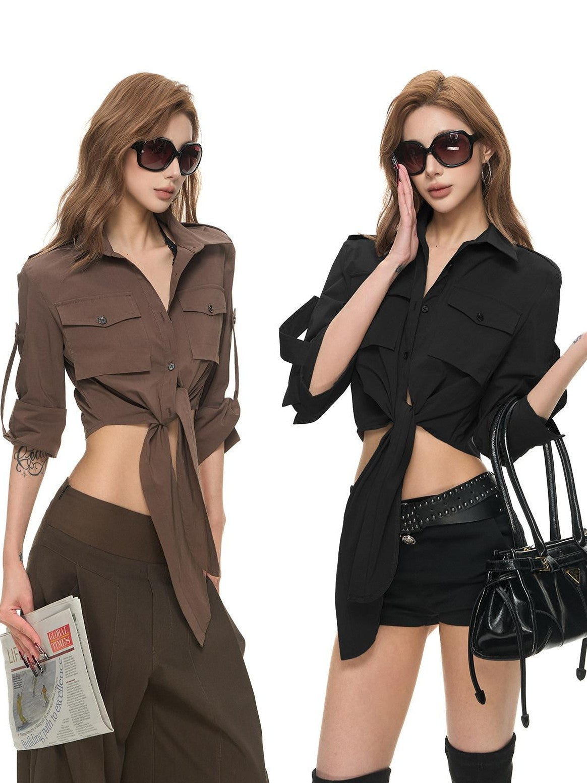 Fanptntox Cropped Waist Cinching Collared Women's Cotton Nylon Blend Tie-front Shirts