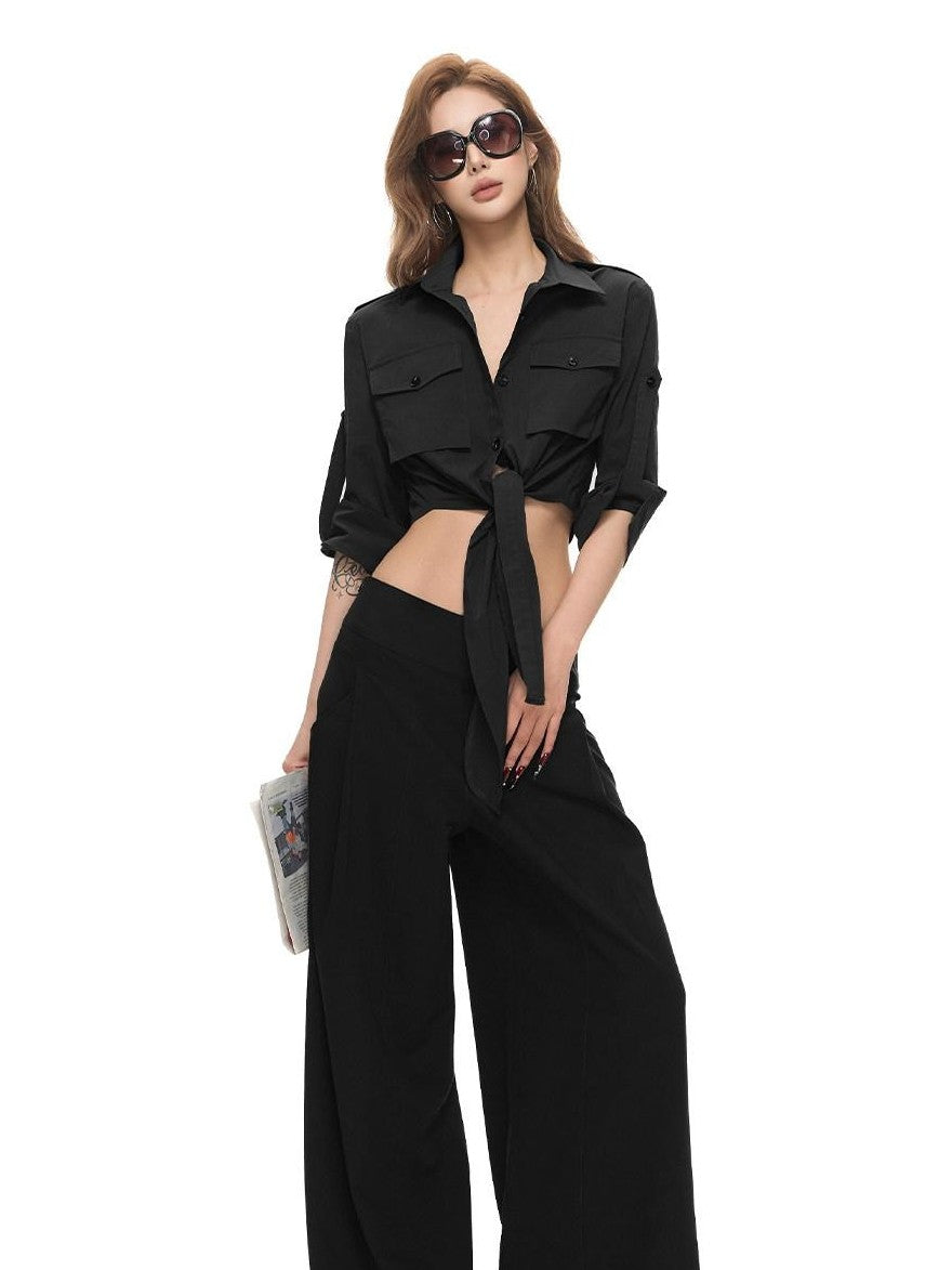 Fanptntox Cropped Waist Cinching Collared Women's Cotton Nylon Blend Tie-front Shirts