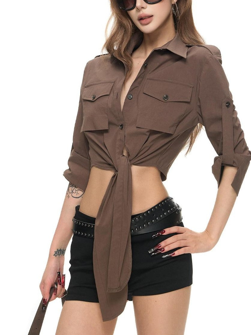 Fanptntox Cropped Waist Cinching Collared Women's Cotton Nylon Blend Tie-front Shirts