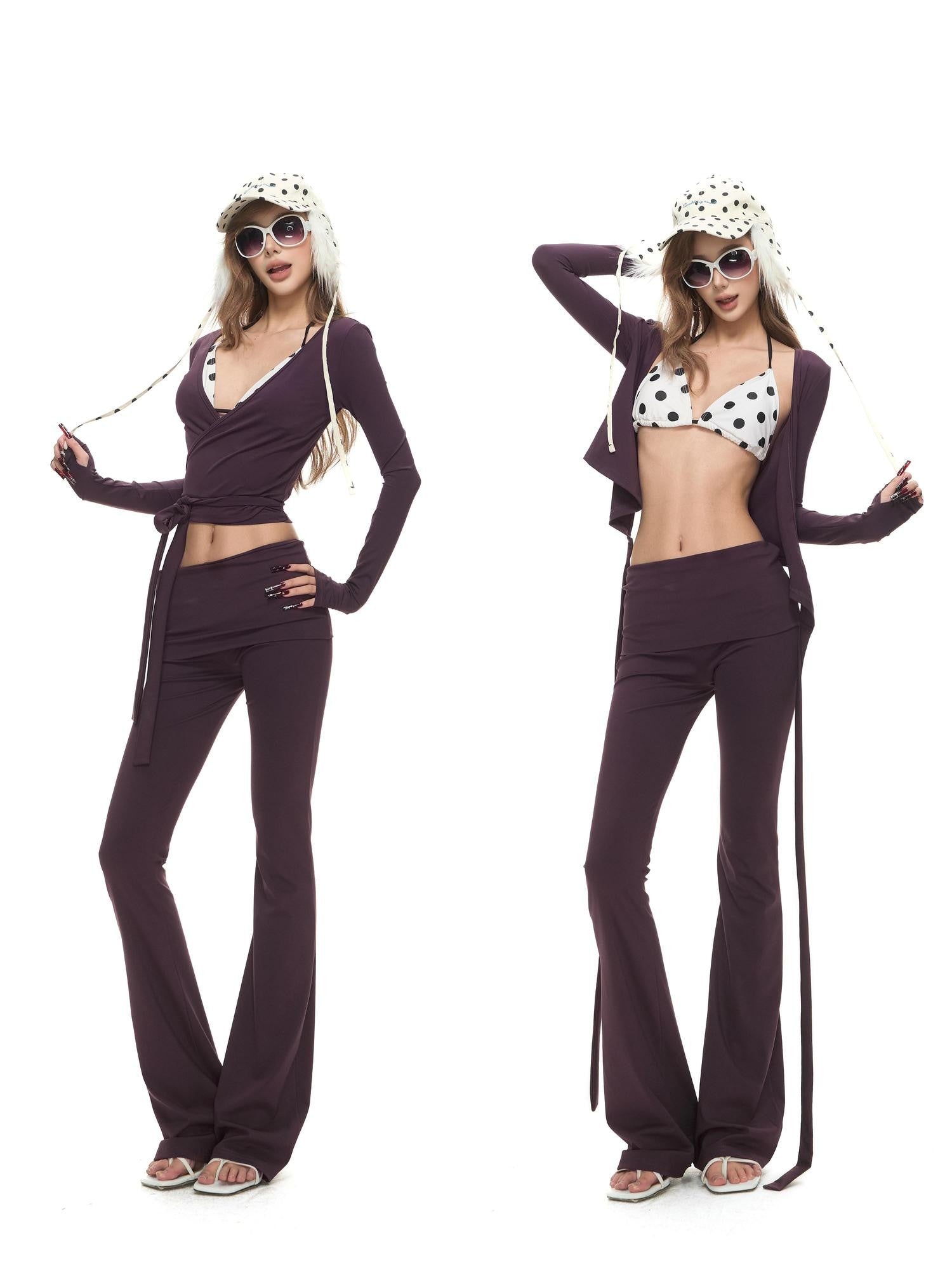 Fanptntox Cross Tie Long Sleeve Slimming High Waist Flare Women's Knit Tracksuit Sets