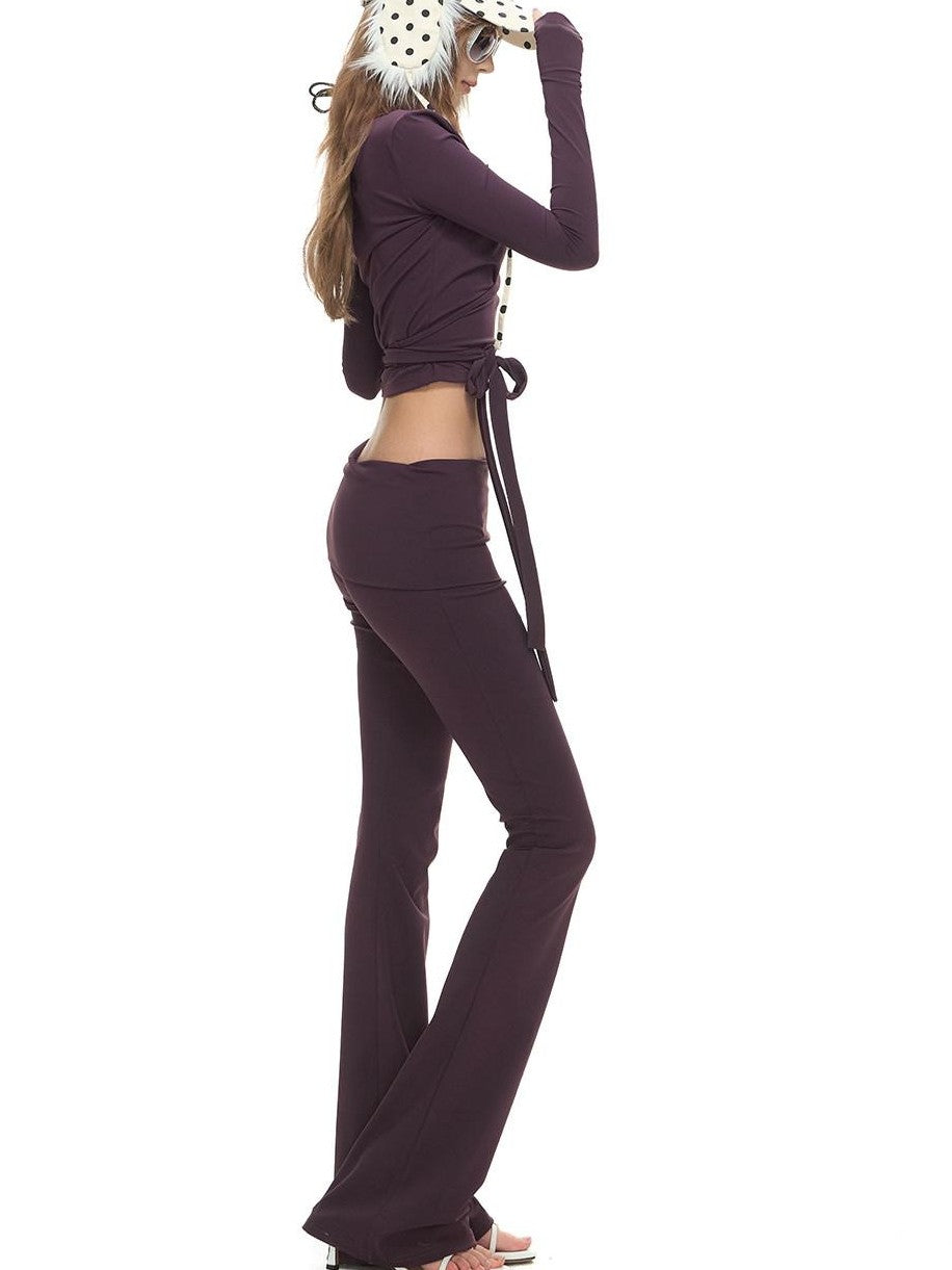 Fanptntox Cross Tie Long Sleeve Slimming High Waist Flare Women's Knit Tracksuit Sets