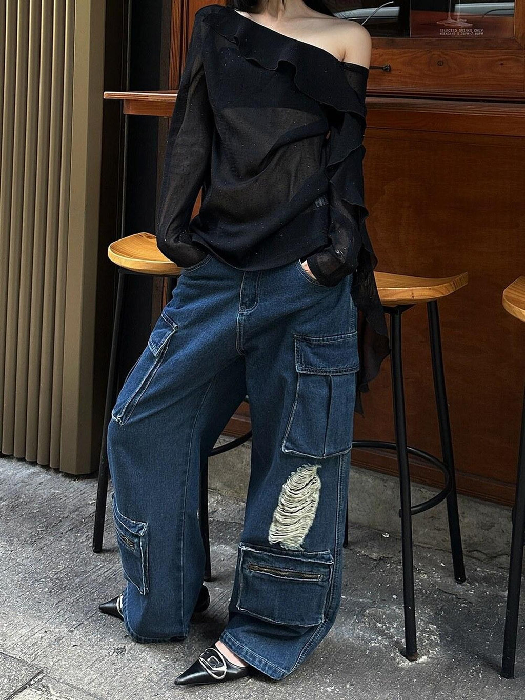 Fanptntox Dark Blue Distressed Multi Pocket Cargo Women's Denim Wide-leg Jeans