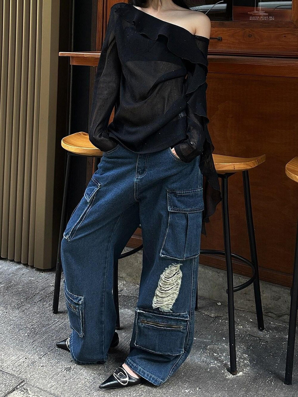 Fanptntox Dark Blue Distressed Multi Pocket Cargo Women's Denim Wide-leg Jeans