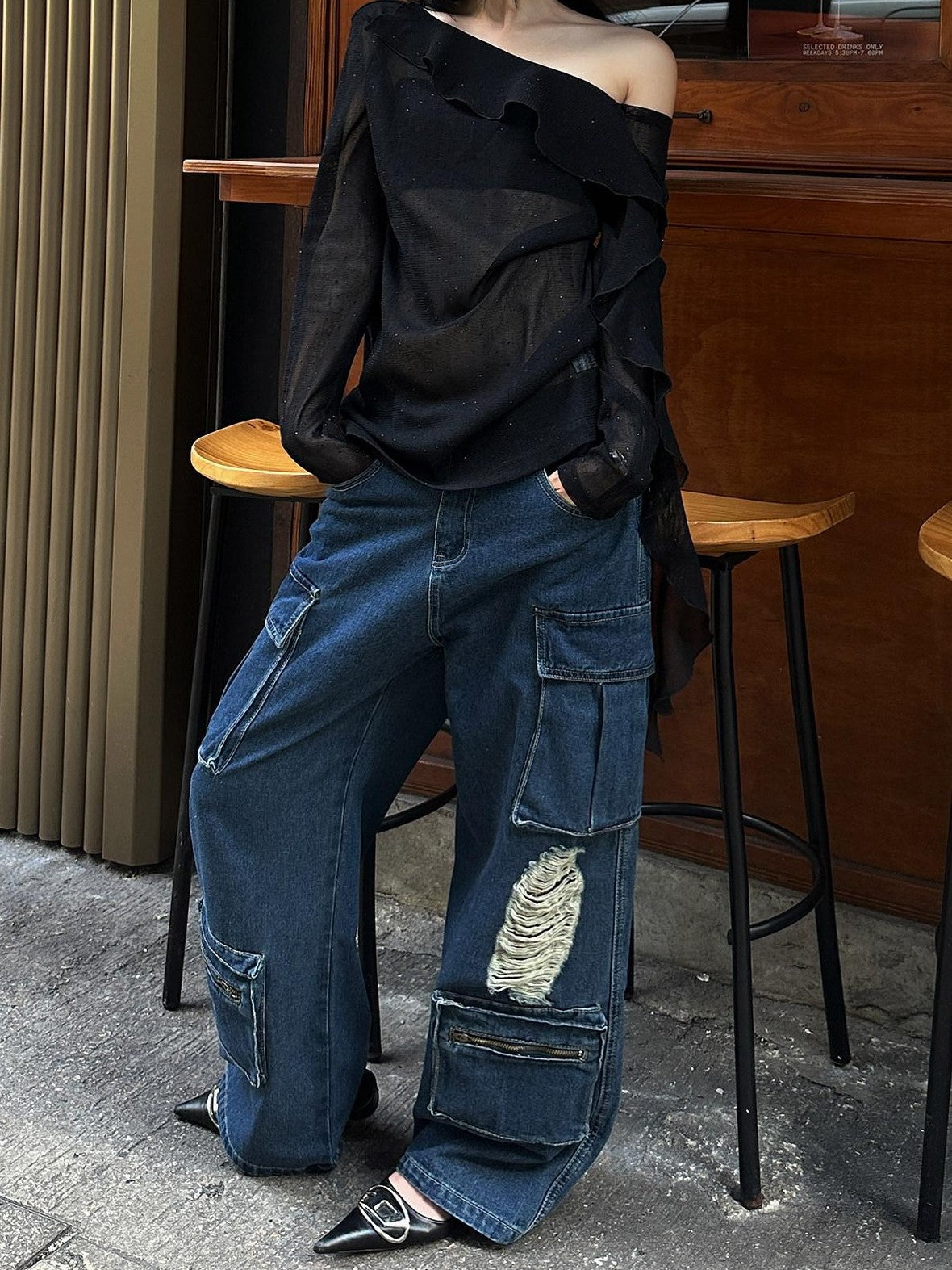 Fanptntox Dark Blue Distressed Multi Pocket Cargo Women's Denim Wide-leg Jeans