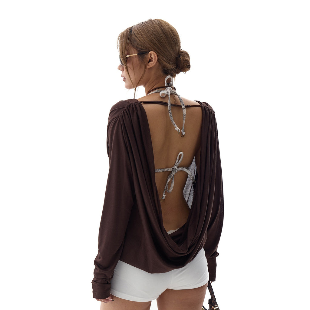 Fanptntox_Dark_Brown_Backless_Draped_Neck_Slouchy_Women's_Lyocell_Long_Sleeve_T-shirts_922906725586_MISSTT