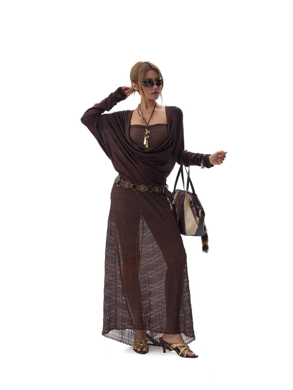Fanptntox Dark Brown Backless Draped Neck Slouchy Women's Lyocell Long Sleeve T-shirts
