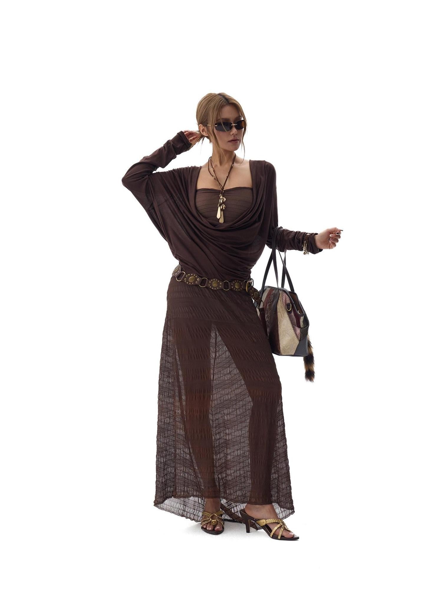 Fanptntox Dark Brown Backless Draped Neck Slouchy Women's Lyocell Long Sleeve T-shirts