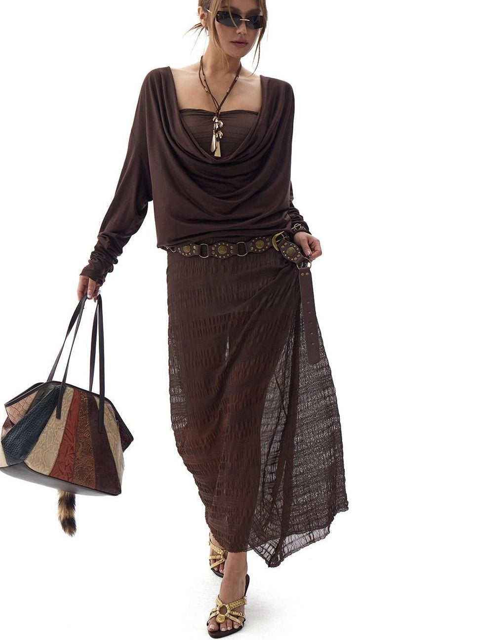 Fanptntox Dark Brown Backless Draped Neck Slouchy Women's Lyocell Long Sleeve T-shirts