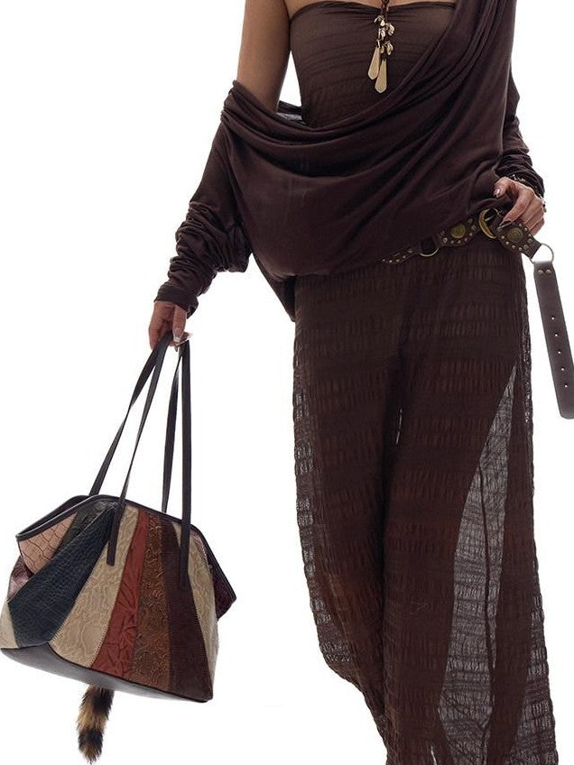 Fanptntox Dark Brown Backless Draped Neck Slouchy Women's Lyocell Long Sleeve T-shirts