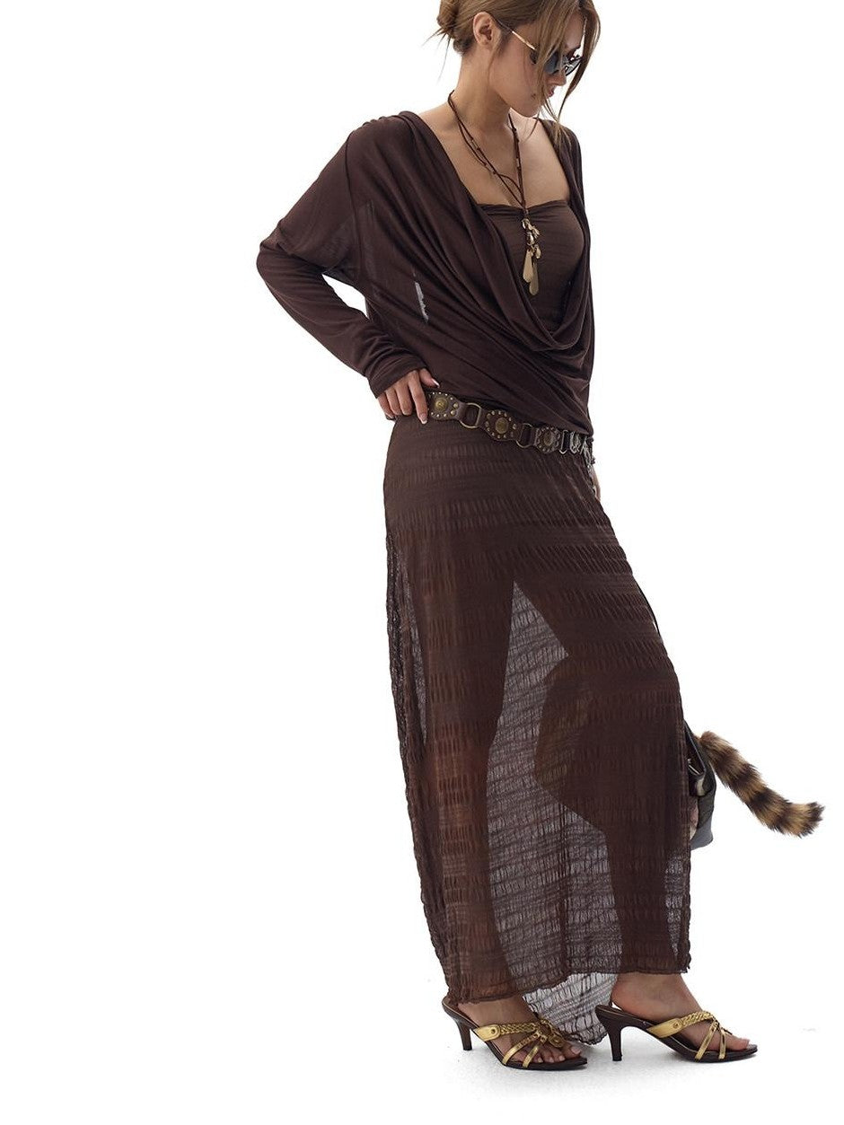 Fanptntox Dark Brown Backless Draped Neck Slouchy Women's Lyocell Long Sleeve T-shirts