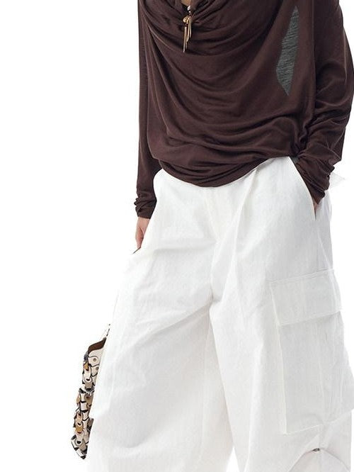 Fanptntox Dark Brown Backless Draped Neck Slouchy Women's Lyocell Long Sleeve T-shirts