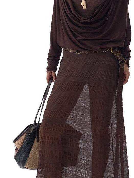 Fanptntox Dark Brown Backless Draped Neck Slouchy Women's Lyocell Long Sleeve T-shirts