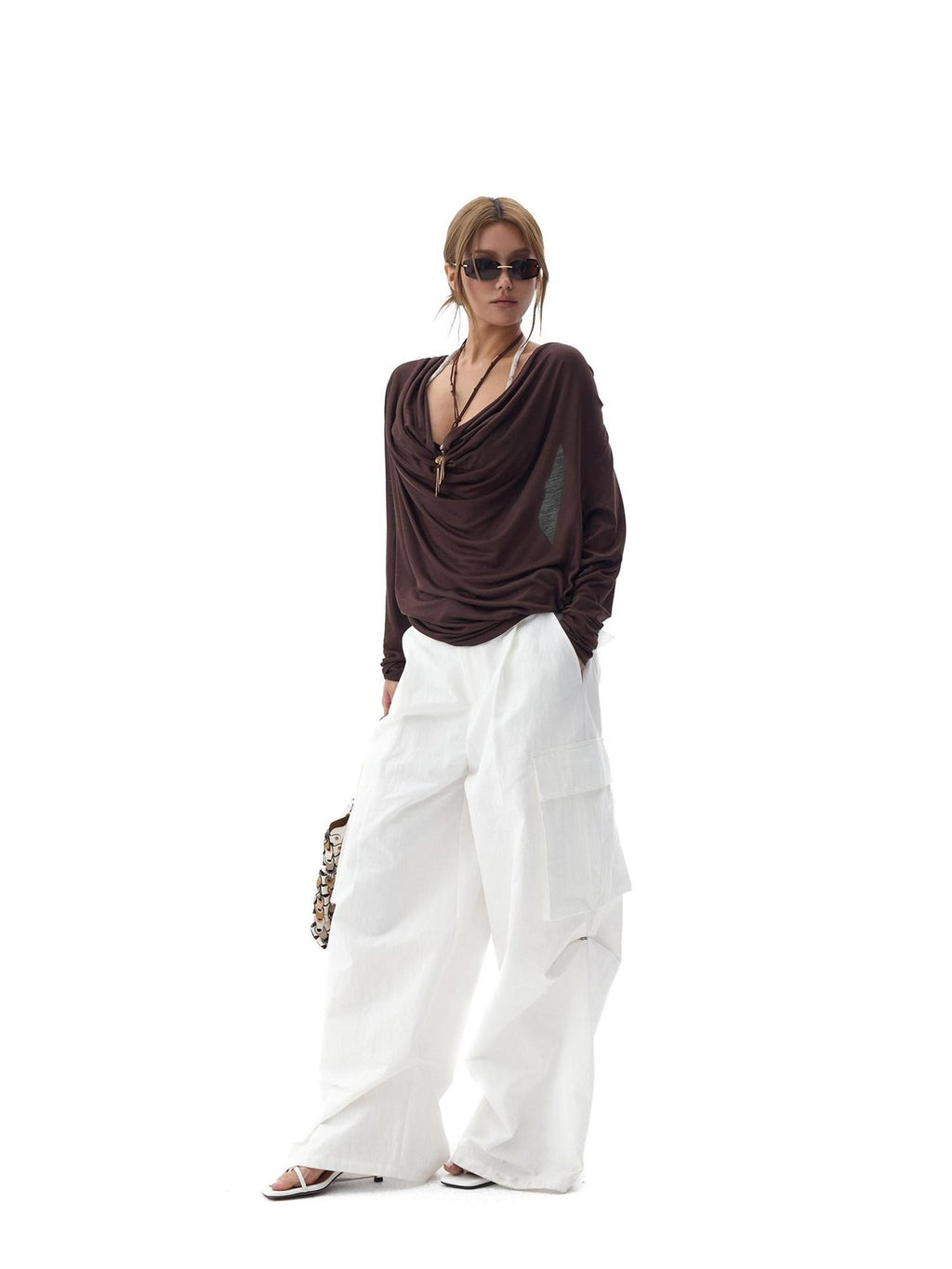 Fanptntox Dark Brown Backless Draped Neck Slouchy Women's Lyocell Long Sleeve T-shirts