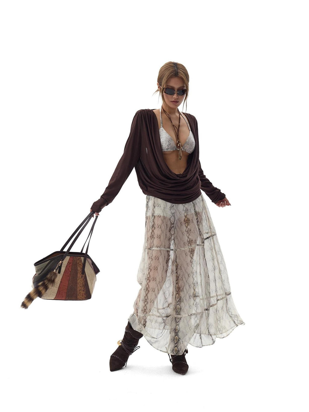 Fanptntox Dark Brown Backless Draped Neck Slouchy Women's Lyocell Long Sleeve T-shirts