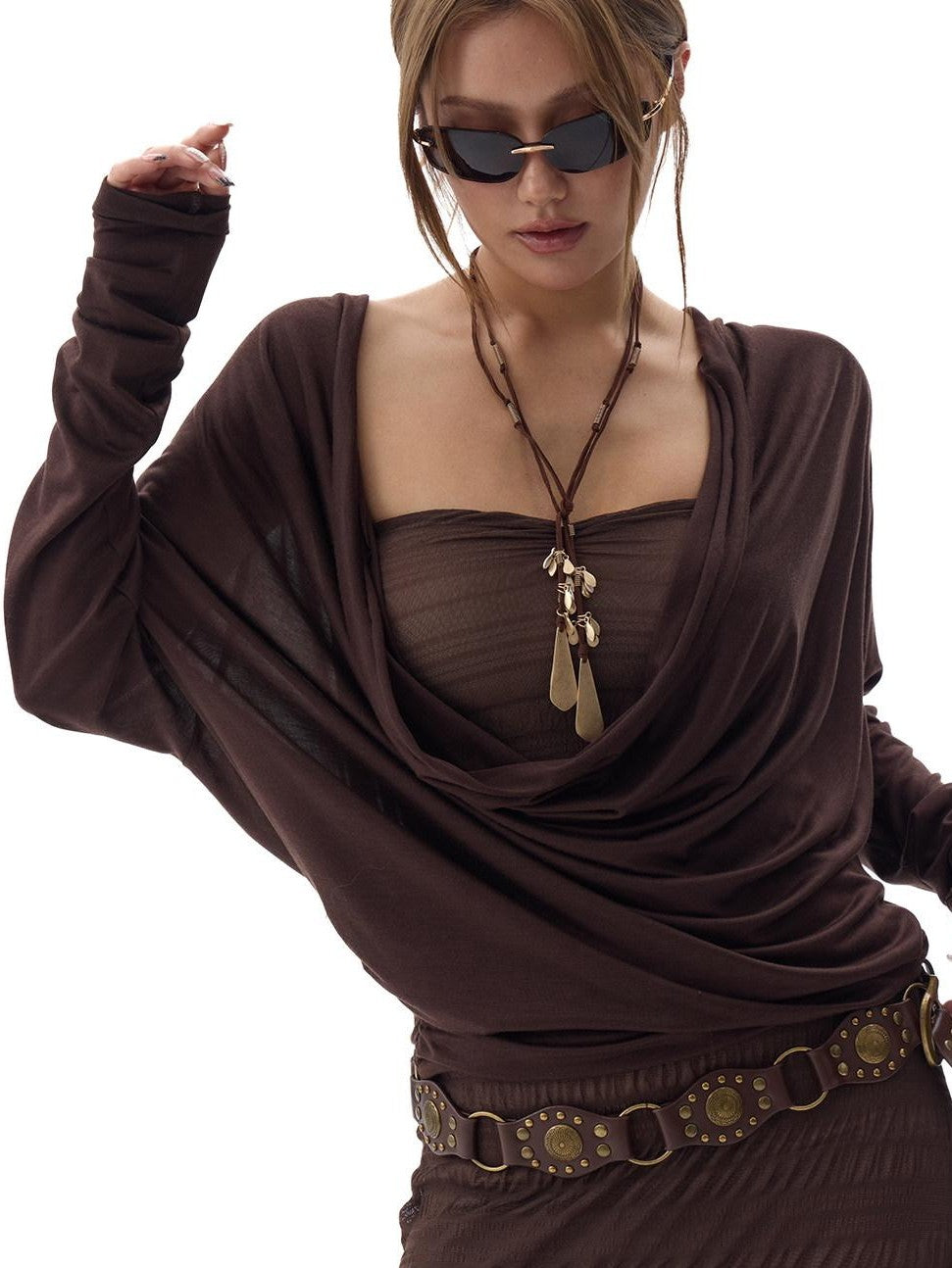 Fanptntox Dark Brown Backless Draped Neck Slouchy Women's Lyocell Long Sleeve T-shirts
