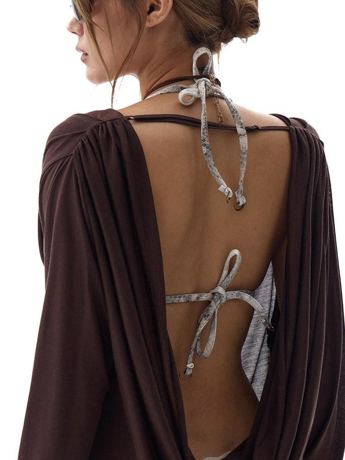 Fanptntox Dark Brown Backless Draped Neck Slouchy Women's Lyocell Long Sleeve T-shirts