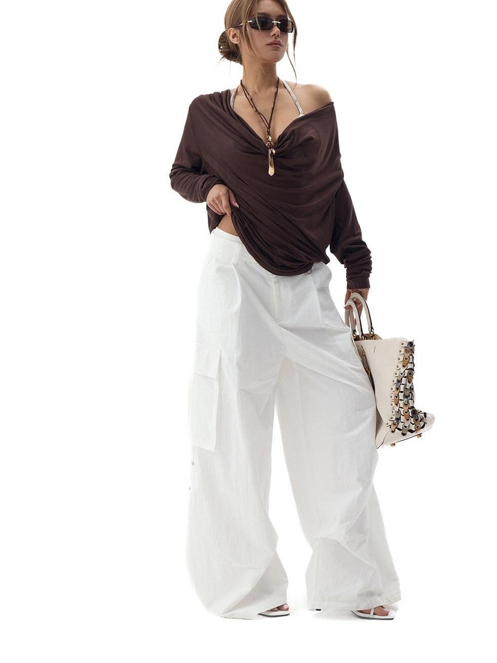 Fanptntox Dark Brown Backless Draped Neck Slouchy Women's Lyocell Long Sleeve T-shirts