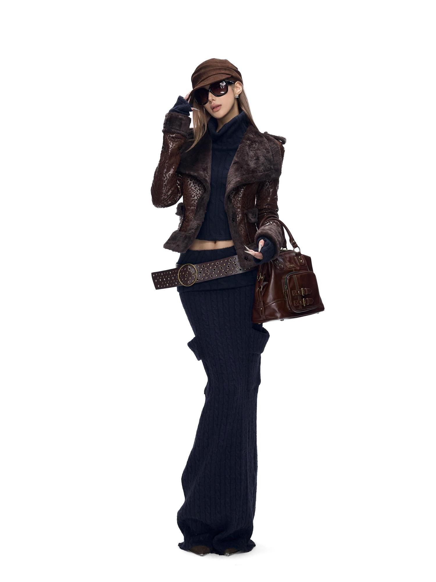 Fanptntox Dark Brown Leopard Faux Mink Fur Integrated Short Women's Leather Jackets