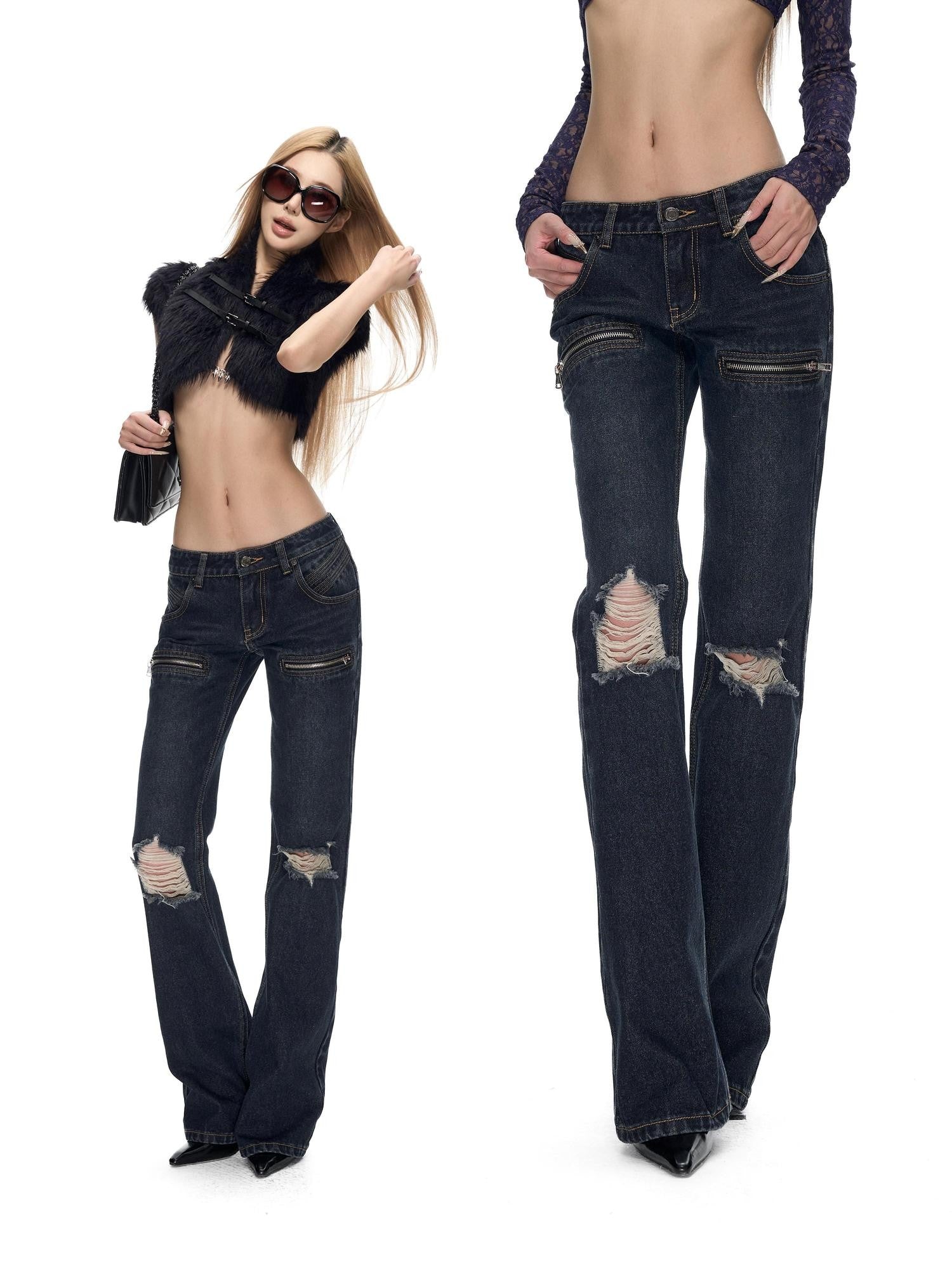 Fanptntox Deep Blue Washed Distressed Low Rise Slim Women's Cotton Straight-leg Jeans