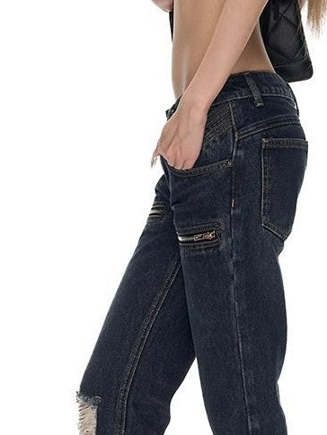 Fanptntox Deep Blue Washed Distressed Low Rise Slim Women's Cotton Straight-leg Jeans