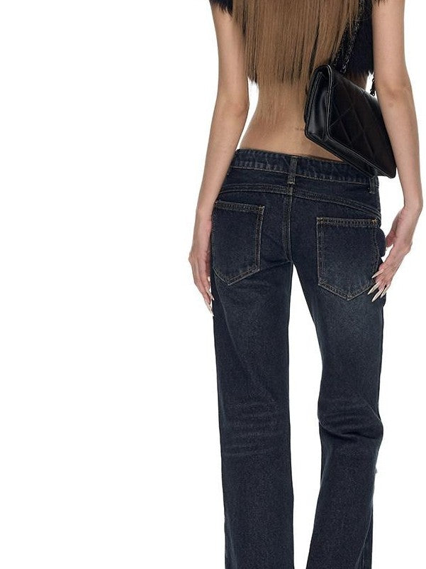 Fanptntox Deep Blue Washed Distressed Low Rise Slim Women's Cotton Straight-leg Jeans