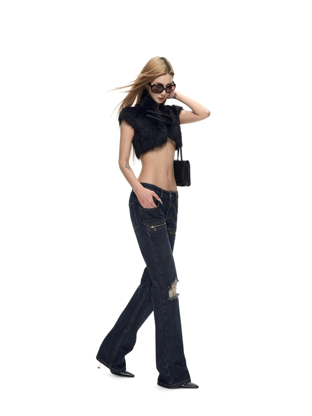 Fanptntox Deep Blue Washed Distressed Low Rise Slim Women's Cotton Straight-leg Jeans
