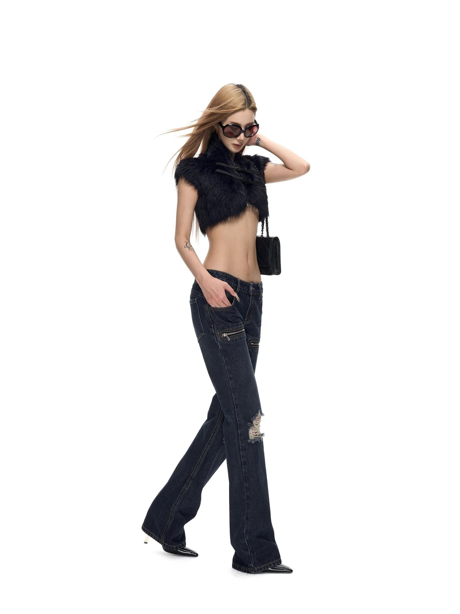 Fanptntox Deep Blue Washed Distressed Low Rise Slim Women's Cotton Straight-leg Jeans