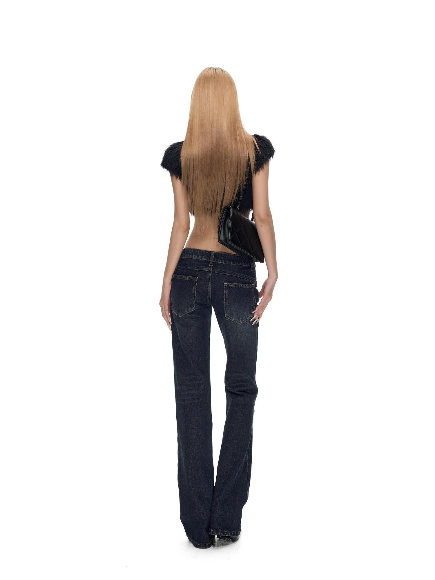 Fanptntox Deep Blue Washed Distressed Low Rise Slim Women's Cotton Straight-leg Jeans